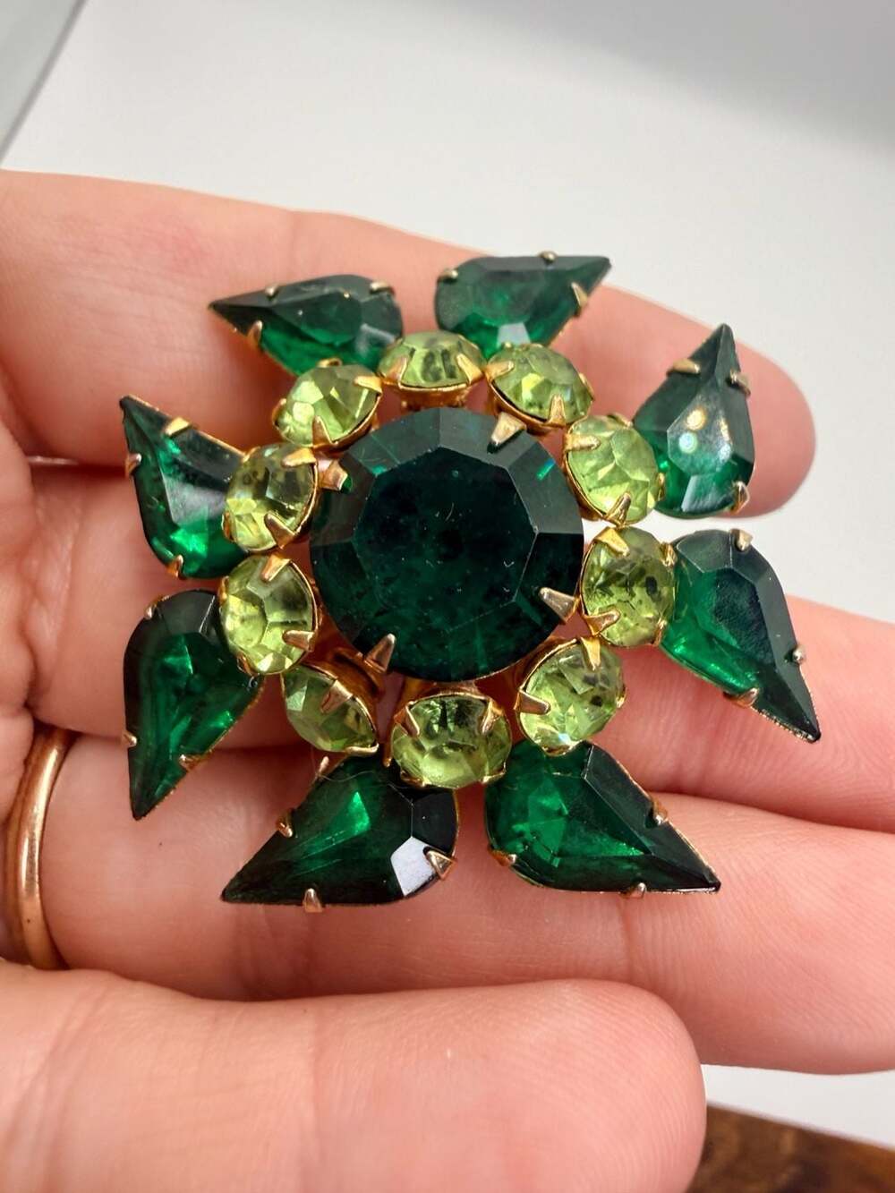Judy Lee Vintage Green Rhinestone Flower Brooch Pin